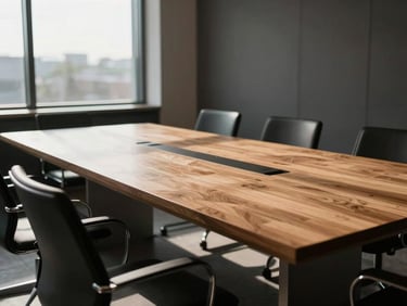 An empty modern meeting room with a large wooden table, natural light streaming from a high side window, deep shadows