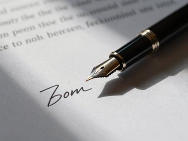 Close-up of a signed legal contract on textured paper, high-contrast side-light casting deep shadows across a fountain pen resting on the document.