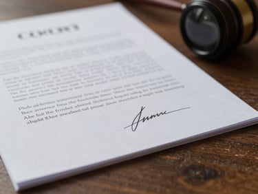 Close-up of a signed legal contract on a dark wooden table, soft natural side-light, shallow depth of field
