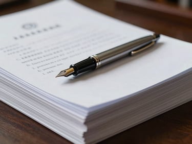 A stack of official judicial documents with a fountain pen resting on top, soft focus, high-contrast side lighting