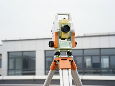 Close-up of technical surveying equipment, a high-resolution camera mounted on a tripod, in use on a commercial building rooftop, crisp architectural photography, bright overcast daylight, cool desaturated tones with orange accents, sharp focus, 35mm