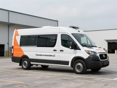Modern, clean mobile inspection unit vehicle with VisionServe Associates LLC branding, parked in an industrial lot, crisp architectural photography, bright overcast daylight, cool desaturated tones with orange accents, sharp focus, 35mm