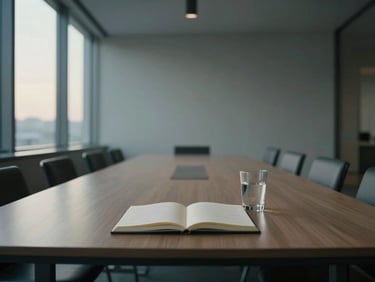 Wide shot of a minimalist meeting room at quiet hours — a long table with a single open notebook and a glass of water, ambient light from floor-to-ceiling windows on the left, muted tones