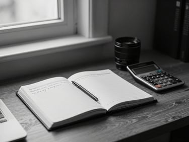 A quiet home office desk corner — an open planner with handwritten monthly projections, a calculator at the edge, soft diffuse light from a window to the left, monochromatic cool tones