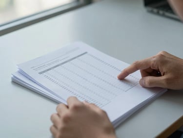 Hands sorting through printed financial documents on a pale gray desk surface, one finger pointing at a line of figures, cool diffuse daylight from a high window, no shadows