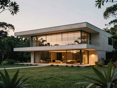 Modern luxury estate in Fazenda Boa Vista, glass walls, minimalist architecture, lush green surrounding, soft evening light, editorial 35mm.