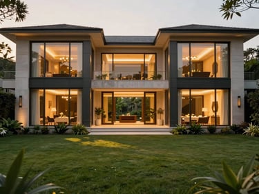 Symmetrical wide shot of a modern luxury mansion with floor-to-ceiling glass walls, warm interior ambient glow, lush green garden during golden hour