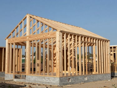 Wide environmental shot of a newly framed residential structure, natural daylight, clean lumber framing visible, concrete foundation at base, blue sky behind, no people