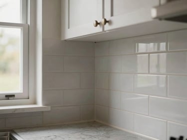 Close-up of finished kitchen tile backsplash and cabinet transition under north-facing window light, natural daylight, no people, material textures sharp and in focus