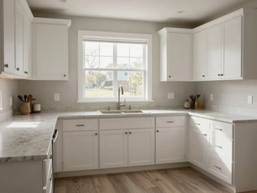 Wide environmental interior of a finished kitchen renovation — white shaker cabinets, quartz countertop edge detail, window above sink flooding the room with north-facing daylight, no people, no staging