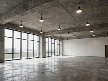 Wide interior of a completed commercial office fit-out — exposed concrete ceiling, grid of pendant lights unlit, polished concrete floor, daylight entering from floor-to-ceiling windows left of frame, no people