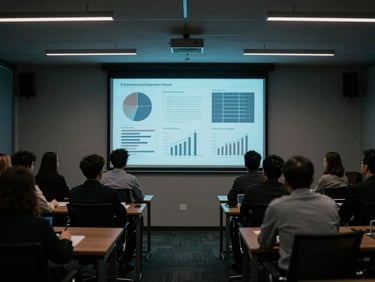 Wide architectural office shot of a collaborative strategy session around a large screen displaying abstract data visualizations, low-key dramatic office lighting, cool blue screen glow, deep shadows, sharp focus, moody editorial photography, 35mm film grain.