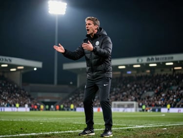 Cinematic medium shot of an elite football manager gesturing intensely on the touchline during a night match, dramatic stadium floodlights, cool-toned high-contrast photography