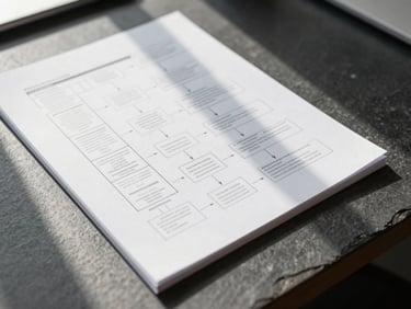 Close-up of a structured strategic framework document resting on a minimalist dark slate desk, sharp natural side-lighting, architectural shadows.