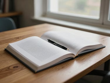 A quiet, focused study environment with an open academic journal and a fountain pen on a textured wooden table, soft natural window light, 35mm.