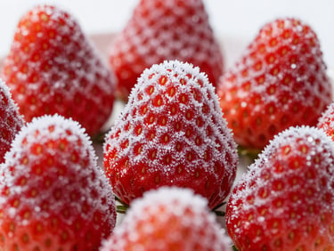 Crisp commercial photography of frozen IQF strawberries covered in delicate frost crystals, bright high-key studio light, sharp macro focus, vivid natural red colors