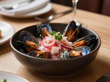 Modern presentation of fresh seafood ceviche in a dark ceramic bowl, warm lighting