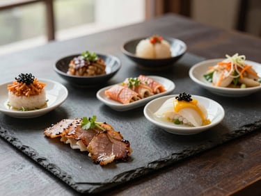 Artfully arranged East Asian small plates on a dark slate table, soft natural daylight