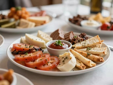Close-up of beautifully plated Mediterranean mezze, warm editorial lighting, shallow depth of field