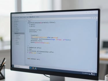 Close-up of clean code displayed on a high-resolution monitor in a bright modern workspace, soft overcast natural light