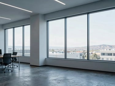 Modern clean office interior in Draper Utah with large windows, cool soft daylight, minimalist architectural lines