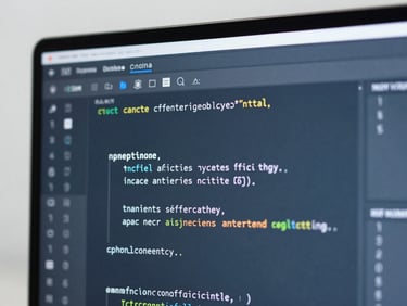 Architectural close-up of clean code on a high-resolution screen in soft daylight, cool slate blue tones, sharp focus, 35mm