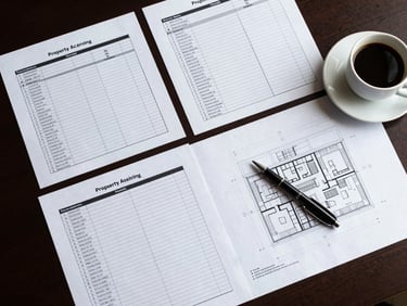 Overhead flat-lay on a conference table: printed property underwriting spreadsheets, a site plan blueprint, a pen mid-annotation, and a cup of black coffee at the edge — controlled studio lighting from above, high contrast, no people visible, clean professional surfaces