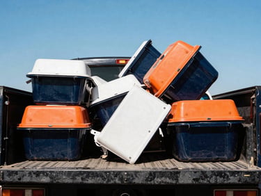 Neatly loaded truck bed full of sorted junk, ready for transport, bright Texas sunlight, high contrast.