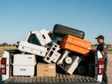 Neatly stacked junk in a truck bed, uniformed crew member overseeing, bright Texas sunlight, crisp details.