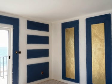 Interior shot of modern drywall partitioning and ceiling installation, perfectly smooth white plaster finish, clean lines