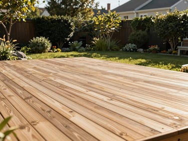 A modern wooden terrace beautifully integrated into a green garden, warm late afternoon sun, 35mm editorial photography