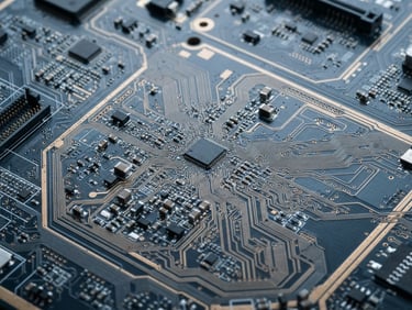 Macro close-up of a high-precision multi-layered circuit board, cool clinical studio lighting, deep slate and blueprint blue tones, sharp technical photography