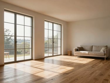 Warm sun-drenched living room with large windows, premium wooden flooring, minimalist furniture, natural window light, 35mm.