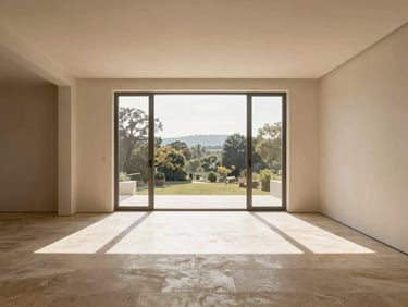 Warm architectural photography of a sun-drenched modern living room, natural window light casting soft shadows on premium stone flooring, clean lines, 35mm.