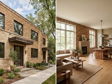 Warm architectural photography, soft daylight, low-rise residential building exterior showing clean brick and stone facade, wide-angle, 35mm
