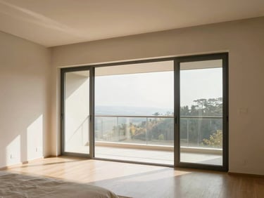 Bright master bedroom with large glass doors opening to a wide balcony, warm morning light, clean architectural lines, 35mm.