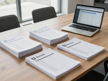 Overhead wide shot of a clean conference table with organized stacks of real estate documents, a checklist printout, and a laptop screen showing a task timeline, bright even daylight from large windows