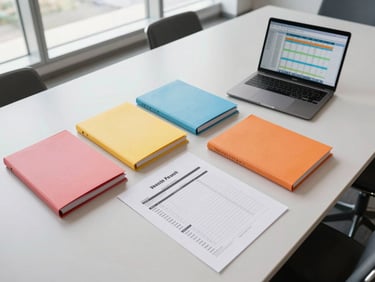 Wide-angle overhead shot of a clean conference table with a printed deal checklist, color-coded file folders arranged in two rows, and a laptop showing a spreadsheet timeline, bright even daylight from large windows to the left