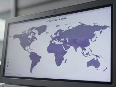 Close-up of a digital dashboard showing international logistics routes, cool crisp daylight, subtle violet shadows