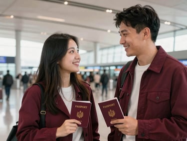 A happy young couple at an airport terminal holding passports, warm natural lighting, authentic documentary style