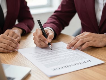 Close-up of hands signing an employment contract on a wooden desk, bright office lighting, professional editorial