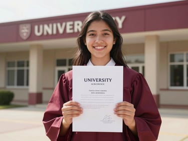 A proud student holding a university acceptance letter in front of a campus building, bright natural daylight, 35mm editorial
