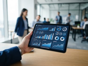 Close-up of modern tablet displaying business metrics in a bright corporate office, shallow depth of field, professional blue and gray tones, 35mm