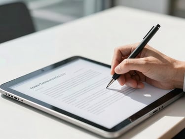 Close-up of a professional hand signing a secure digital document on a tablet, bright natural daylight, clean corporate background