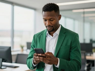 A professional Motswana man in a light-filled modern office, looking confidently at his smartphone screen, shallow depth of field