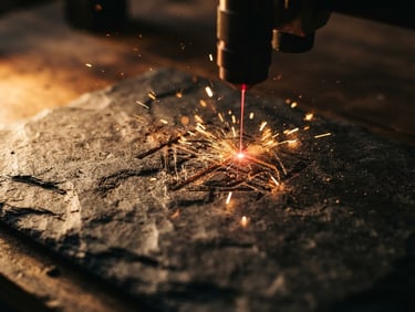 Macro shot of laser engraving on dark natural slate, warm sparks flying, dramatic side-lighting highlighting the textured crevices, shallow depth of field, 50mm lens
