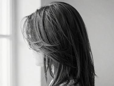 Close-up of a client's freshly styled hair, showing natural movement and healthy shine, soft directional window light, high-contrast monochrome.