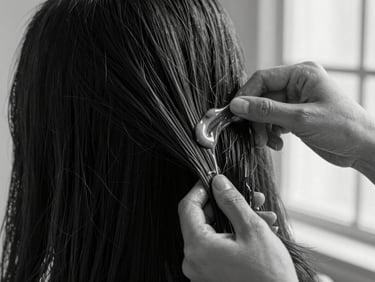 Close-up of a stylist's hands gently applying a premium hair treatment product, focus on the product texture and hair, soft studio lighting, high-contrast monochrome.