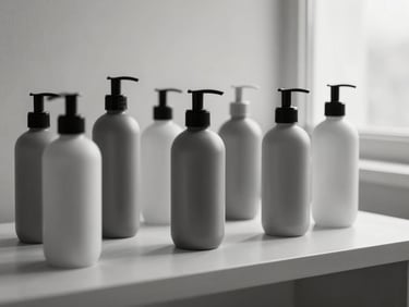 Arrangement of sleek, minimalist hair care product bottles on a clean, architectural surface, soft diffused light, high-contrast monochrome.
