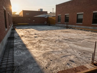 Wide standoff shot of a cleared urban lot at golden hour, concrete foundation poured, steel rebar visible, neighboring brick facades framing the site, long shadows cast across raw ground